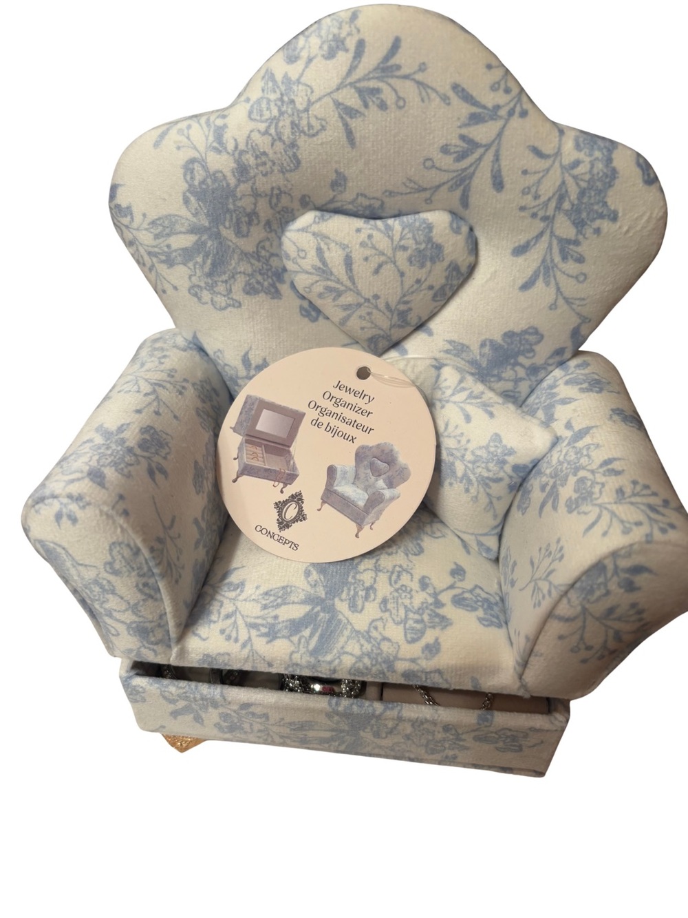 Toile Blue Floral Mini Chair Jewelry Box Organizer Beautiful NWT